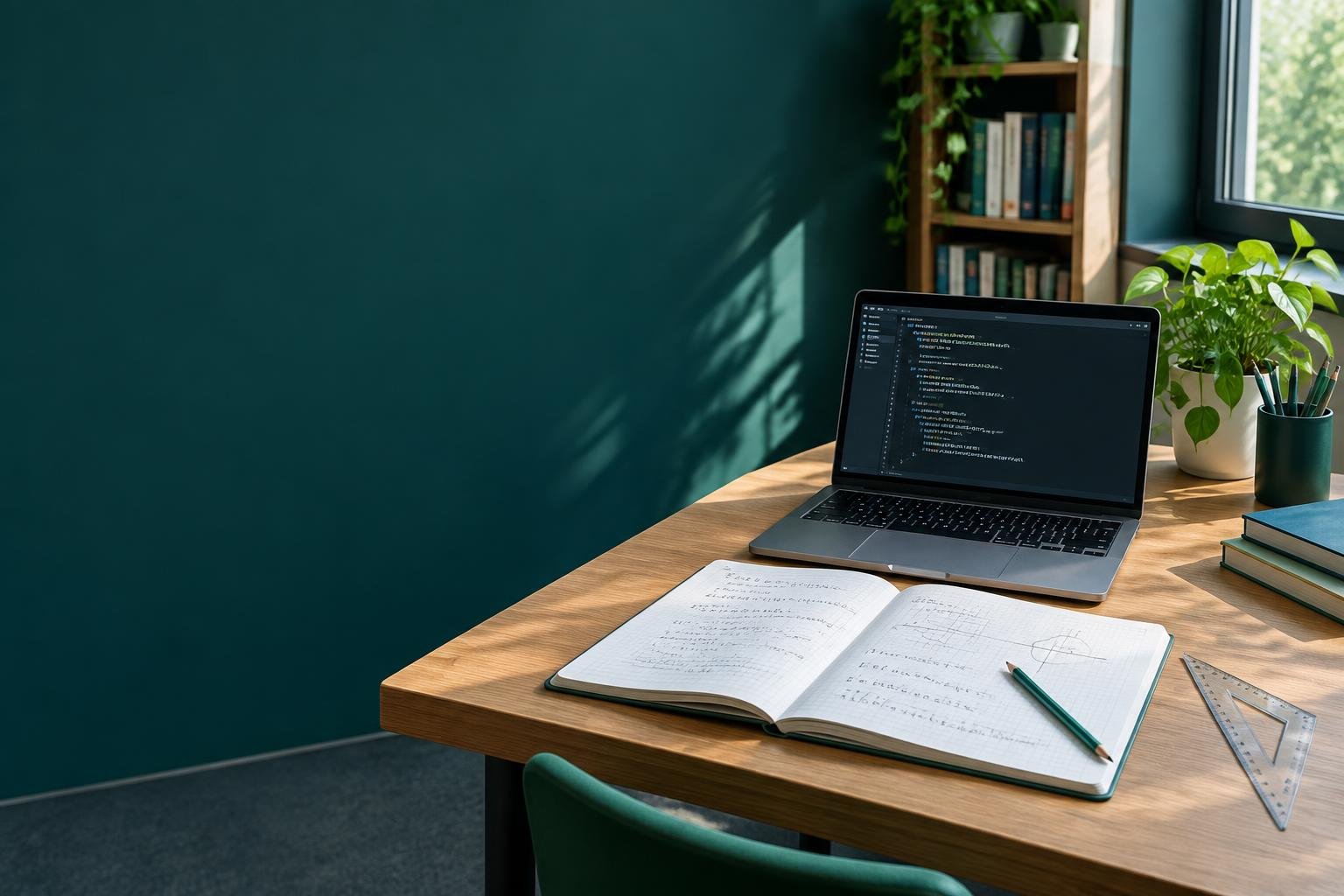 A focused study desk with programming and mathematics materials